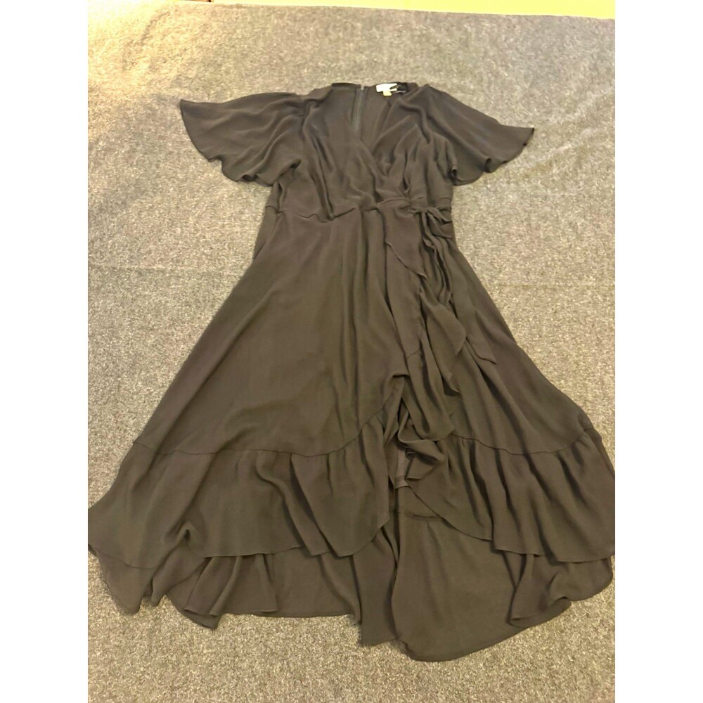 Calvin Klein Solid Black Wrap Midi Dress 14W V-Neck Flutter Sleeve Ruffle Tie